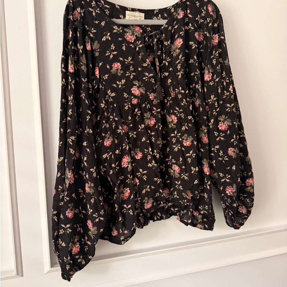 Ralph Lauren Black Floral Tie-Neck Blouse with Pink Roses